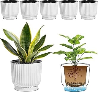 T4U 6 Inch Self Watering Pots for Indoor Plants, 6 Pack Plant Pots, Self Watering Planter for Indoor Plants, Durable Plastic Pots, Flower, Succulents (6 Pack, 6", White)