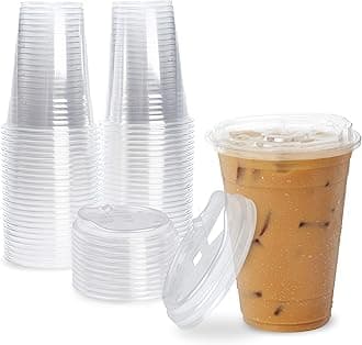 [100 Pack] Disposable Strawless Plastic Cups with Lids - 16 Oz Clear Plastic Cups and Sippy Cups Lids, Perfect Eco-Friendly To Go Cups for Iced Coffee, Smoothies, Soda Party Drinks and Cafe Essentials