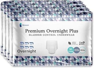 Because Unisex Premium Overnight Plus Pull Up Underwear - Extremely Absorbent, Soft & Comfortable Nighttime Leak Protection - White, XX-Large - Absorbs 6 Cups - 40 Count