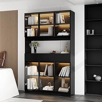Curio Display Cabinet with Light, Storage Shelves with Pop-up Glass Doors, 3 Drawers & 3 Color Light, Collectibles Cabinet Display Shelf, Bookshelf Showcase for Living Room, Black w/Hutch