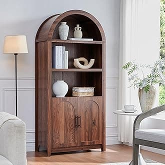 RowyPoey Rattan Arched Cabinet Bookshelf - 69.3” Tall Mid Century Display Cabinet, Rounded Bookcase with Rattan Doors, Open Shelf Storage for Dining Room (Walnut, 1 PC)