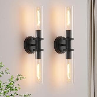 Wall Sconces Set of Two,Matte Black Bathroom Sconces Wall Lighting with Clear Glass, Modern Sconces Wall Decor Set of 2 Wall Light fixtures for Bathroom Mirror Living Room Hallway Bedroom Wall Lamp