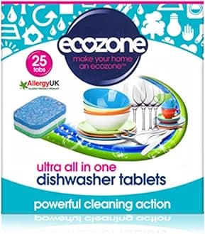 EcozoneUltra All-In-One Dishwasher Tablets, Powerful Cleaning Formula Cuts Through Grease & Grime, Natural Vegan & Non Toxic, Plant Based Plastic-Free, Anti Watermark, Leaves No Residue (Pack of 25)
