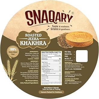 Snaqary All In 1 Whole Wheat Flour Khakhra, Roasted Jeera Khakhra, pack of 4, Healthy Indian Snacks, Crispy and Crunchy Delicious snacks