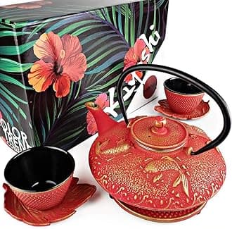 7PC Japanese Tea Set."Red Koi" Cast Iron Tea Pot with 2 Tea Cups, 2 Saucers, Tea Infuser and Teapot Trivet. Ceremonial Matcha Accessories