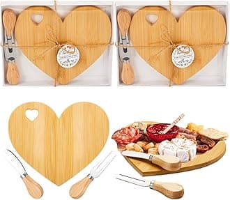 Patelai 2 Set Bridal Baby Shower Favor Heart Cheese Board with Knife, Wood Mini Charcuterie Board Thank You Gift Box for Guest Bridal Baby Shower Prize Wedding Valentines Birthday (Bamboo Color)