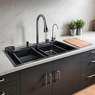 LIPKA Nano Black Single Bowl Smart Kitchen Sink 30x18x9 | 304 Grade Stainless Steel Sink with Integrated Waterfall, Pull-Out Faucet, RO Tap, Cup Washer & Drain Basket | Matte Finish