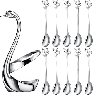 Decorative Swan Base Holder with 10pcs 4.7’’ Coffee Spoon set, Creative Silver Leaf Dessert Spoons，Premium Food Grade Stainless Steel,Mirror Finish & Dishwasher Safe (Silver+10Soopn)