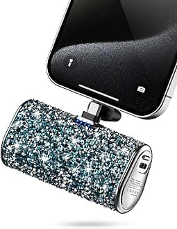 Bling Small Portable Charger, Power Bank, 6800mAh Ultra Compact Cute Shining Power Bank 5V3.1A Fast Charger Built-in Flashlight and Type-C Connector for iPhone 15 and Android Phones(Blue)