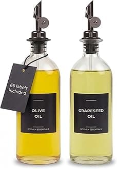 Oil Dispenser for Kitchen - Glass Olive Oil Bottle Set of 2 (16.9oz) with Black Weighted Self-Closing Pourer - Cooking Oil Dispenser with 66 Labels, Aligner & Funnel