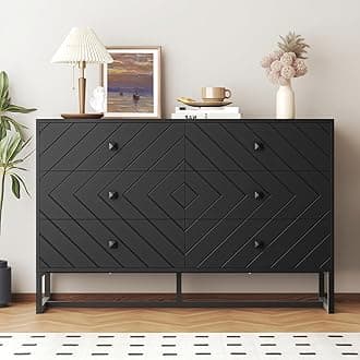 Black Dresser for Bedroom with 6 Drawers, Wood Dresser with Metal Handles, Wide Chest of Drawers, 6 Drawer Dresser for Living Room, Entryway, Hallway