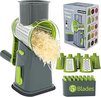 - Rotary Cheese Grater Cheese Shredder, Mandoline Vegetable Slicer with 5 Interchangeable Blades and Strong Suction Base for Fruit, Vegetables, Nuts Grey