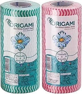 Origami Non Woven Reusable & Washable Kitchen Towel Roll | Ultra Absorbent, Antimicrobial & Anti Odour Wipes for Spotless Cleaning | Quick Dry Multi Purpose Tissues (80 Wipes Per Roll, 160 Sheets)