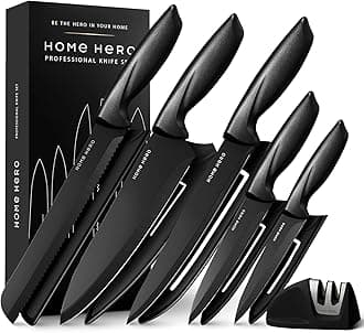 Home Hero Ultra-Sharp Stainless Steel Kitchen Knife Set - Chef Knives Set (5 Knives, 5 Sheath, Sharpener - Black)
