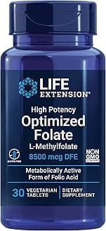 Life Extension High Potency Optimized Folate, 8500 mcg - L-Methylfolate For Brain & Heart Health - Active Form of 5-MTHF Supplement - Gluten-Free, Non-GMO, Vegetarian - 30 Count