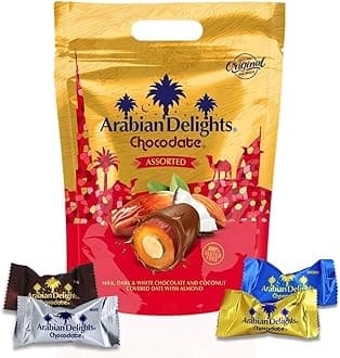 Intense Delish Chocolate Covered Almond Stuffed Dates - Arabian Delights Chocodate Assorted Pouch 460g – Premium Chocolate Dates Gift Pack in Milk, Dark, White & Coconut Chocolates Varieties