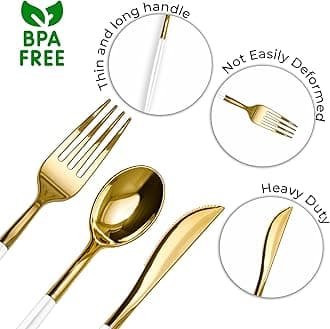 Trendables 120 Pack Disposable Silverware Set - 40 Sets of Plastic Cutlery - White & Gold Modern Disposable Forks, Knives, Soup Spoons - Perfect for Parties