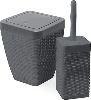 Addis Faux Rattan Square Bathroom Set Includes Swing Bin & Toilet Set Brush, Calico Linen - Faux Leather Plastic, Charcoal