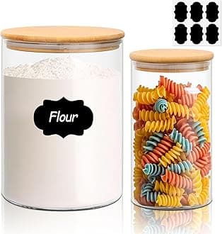 ComSaf Glass Jar Set With Bamboo Lid - 3000ml/1200ml Food Storage Container, Airtight Clear Canister for Dry Food, Rice, Sugar, Flour, Pasta, Cereal, Beans, Nuts (Set of 2)