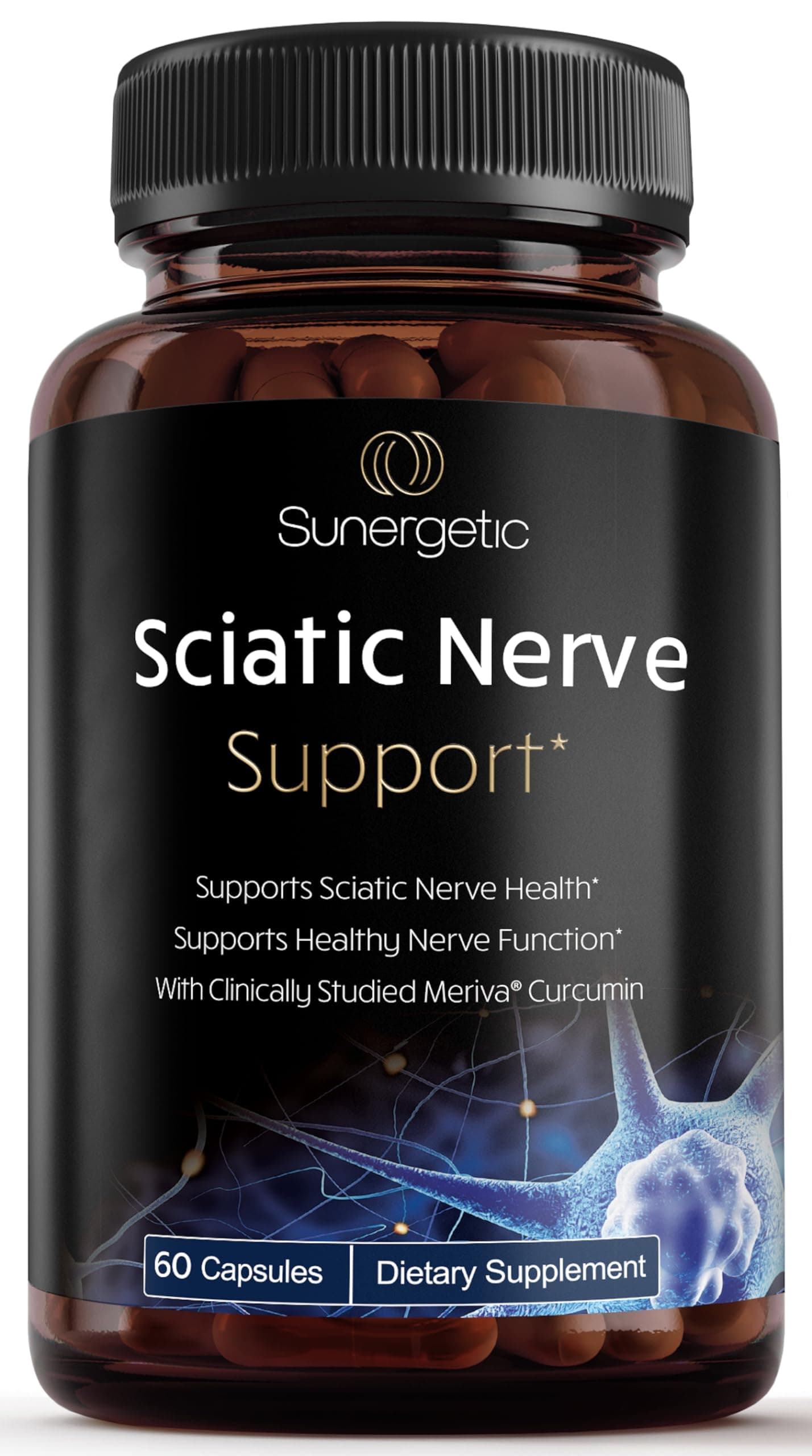 Sunergetic Premium Sciatic Nerve Support Formula - Sciatic Nerve Supplement with Benfotaimine, Alpha Lipoic Acid (ALA) & Meriva Turmeric - Supports Sciatic Nerve Health & Joint Comfort - 60 Capsules