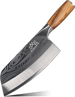 BLADESMITH Cleaver Knife for unfrozen meat and vegetable, 7" Chinese Chef's Kitchen slicer, Razor sharp HC German Stainless Steel blade with lasered damascus pattern, pearwood Handle