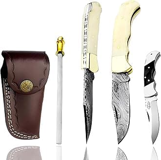 Best.Buy.Damascus1 Ultimate Folding knife blue Wood Pocket Knife Compact, Damascus Knife - knives Ideal for Outdoor, Survival, Camping & Everyday Use Knife Set