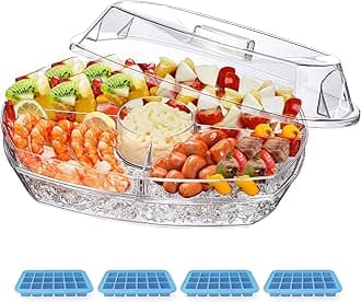 INNOVATIVE LIFE Appetizer Serving Tray on Ice, 15 Inch Party Platter with 4 Ice Cube Tray, Kitchen Chilled Food Bowl with Compartment and Lids for Shrimp, Fruits, Vegetables, Salads, Sushi, Clear