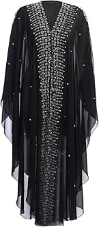 IBTOM CASTLEWomen’s Muslim Abaya Dress Batwing Sleeved Beaded Embroidered Maxi Kaftan Dress with Hooded Elegant Islamic Middle East Dubai Arabic Ramadan Kimono Robe Summer Dresses