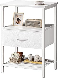 Huuger Night Stand with Fabric Drawer, Side Table with Mesh Shelf, Bedroom Nightstand, Fabric Drawer Dresser, Open Shelf, Metal Frame, Couch Side, White