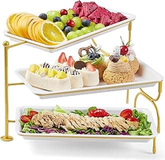 Lifewit 3 Tier Serving Tray, 12"×6.5" Plastic Server Platters, Reusable Food Trays with Metal Display Stand for Buffets, Cake, Snack, Veggie, Fruit, Cookies, Dessert, Dishes, Party Supplies, Gold