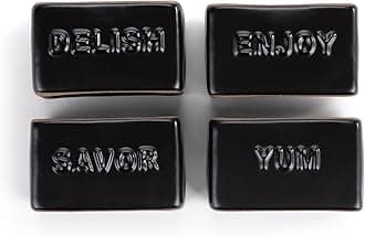 DEMDACO Gather Round Delish, Enjoy, Savor, Yum Classy Black 2 x 1.5 Stoneware Napkin Rings, Set of 4
