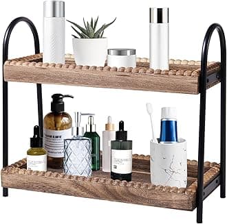 BDBDYEAY Bathroom Countertop Organizer, 2 Tier Vanity Organizer and Storage for Cosmetic Skincare Perfume, Wood Bead Storage Shelf for Bathroom Kitchen Coffee Station