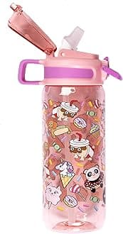 Fringoo - Animal Treats - Kids Water Bottle with Straw - BPA Free Water Bottles - Pink Straw Water Bottle - Reusable Water Bottle - 600 ml / 20 Oz