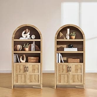 mopio Lauren 65.4" Short Arched Cabinet, 5-Tier Arched Bookcase with Doors and Shelves, Mini Arch Bookshelf with Storage, Wooden Storage Cabinet for Living Room and Kitchen Pantry (Set of 2, Oak)