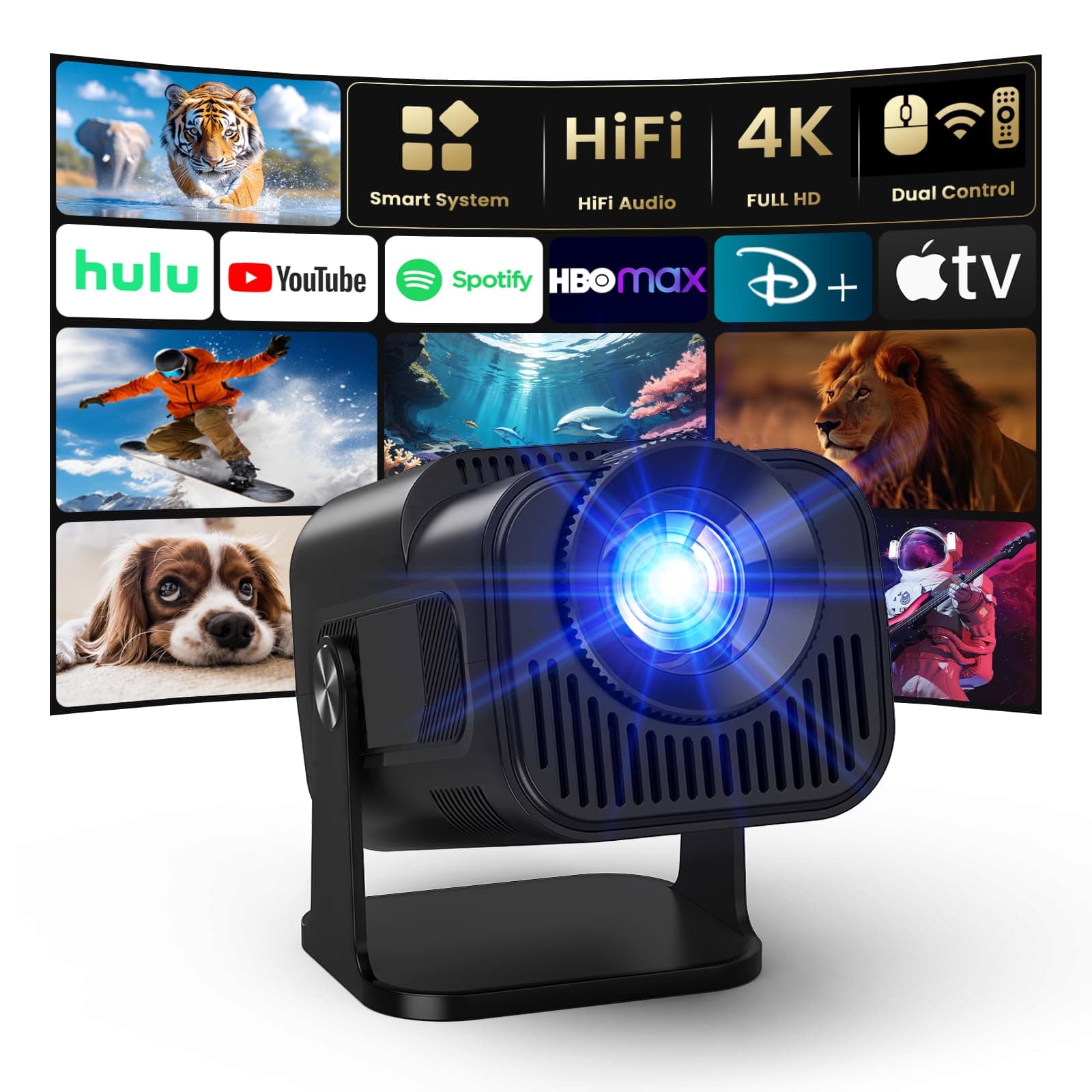 4K Projector with Wifi and Bluetooth, 1080P Native Mini Projector Portable, Auto Keystone Compatible with TV Stick/Memory Stick/USB/Laptop, Smart Home Outdoor Projector-Black