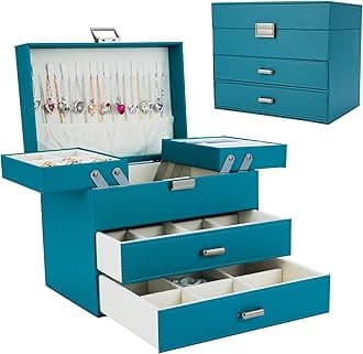 Dajasan Jewelry Box Organizer, Jewelry Holder Organizer Box, 4 Layers Leather Jewelry Storage Box, Gift Idea for Women, Girlfriends, Wife or Mother (Blue)