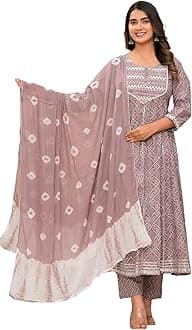 MEERA FABWomen's Cotton Printed Pink Anarkali Kurta with Palazzo & Dupatta Set