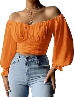 Womens Elegant Off The Shoulder Puff Sleeve Blouse Summer Chiffon Slim Fit Party Crop Top
