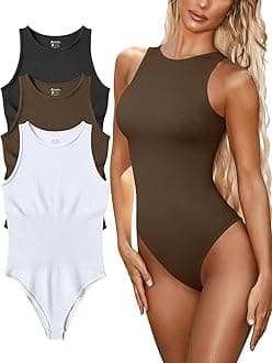 FUNNYBSG Womenâ€™s Sexy Ribbed Bodysuit Tops - 3 Piece Sleeveless Halter Neck Bodysuits with Tummy Control (Color : Black Coffee White, Size : M)