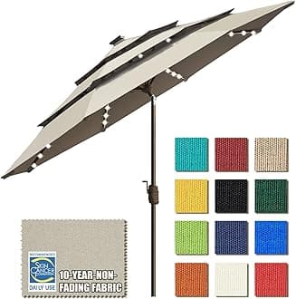 EliteShade USA 10-Year-Non-Fading Solar 9ft 3 Tiers Market Umbrella with 80 LED Lights Patio Umbrellas Outdoor Table with Ventilation（Antique Beige）