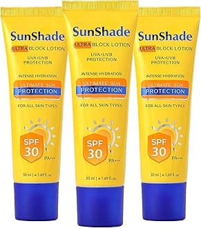 SunShade Sunscreen Lotion SPF 30 PA+++ | Ultra Light, Non-Greasy, No White Cast Sun screen for Men & Women for Face & Body, Water Resistant Sun Block for All Skin Types 50ml Each (Pack of 3)