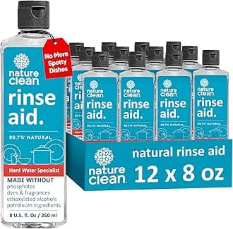 Dishwasher Rinse Aid Liquid, Non Toxic Natural Formula, Spot Free Shine for Glasses & Dishes, Hard Water Stain Remover, Dishwasher Drying Agent, 8 oz/250 ml Pack of 12