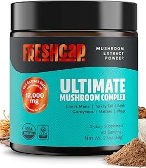 Ultimate Mushroom Supplement Powder 12,000mg - Nootropic Organic Mushroom Complex for Focus & Memory, Brain Support Supplement, Ayurveda Mushroom Powder Extract (60 Servings)
