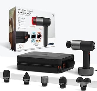 Sharper Image Deep Tissue Percussion Massage Gun, Powerboost Pro+ Hot & Cold Rechargeable Handheld Massager, 6 Adjustable Speeds, 6 Attachment Heads & Carrying Case, Muscle Pain Relief, Black