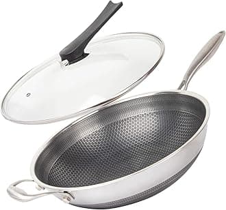 CATHYLIN 13'' 316L Stainless Steel Stir-fry Wok with Lid,Non Stick Skillet with Stay-cool Handle PFOA Free Suitable for Induction, Ceramic, Electric, and Gas Cooktops