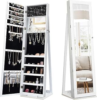 CHARMAID Standing Jewelry Armoire with Tall Full Length Mirror, 2-in-1 Lockable Jewelry Cabinet Organizer with Large Storage Capacity, Inside Makeup Mirror, Stable Base, Easy Assembly (White)