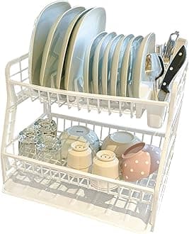 SAFRI 2-Tier Plastic Plate Dish Drainer Rack Glasses Crockery Cutlery Utensil Drainer with Drip Removable Tray (White)
