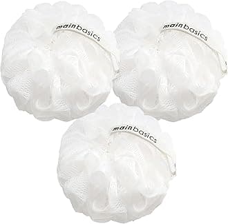 MainBasics Bath Shower Loofah Sponge Pouf Body Scrubber Exfoliator Body Wash Sponge (Set of 3, Snow White)