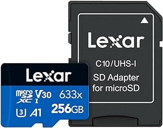 Lexar High-Performance 633x 256GB microSDXC UHS-I Card with SD Adapter, C10, U3, V30, A1, Full-HD & 4K Video, Up To 100MB/s Read, for Smartphones, Tablets, and Action Cameras (LSDMI256BBNL633A)