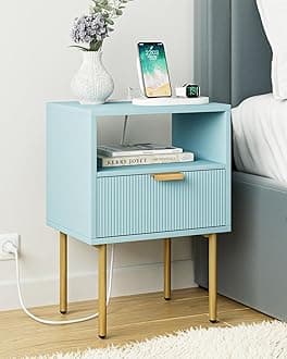 Nightstand,Morden Bedside Table with Gold Frame,Small Blue Night Stand,End Table,Bedside Furniture,Side Table with Drawer and Shelf for Bedroom,Living Room (1Drawer, Blue)